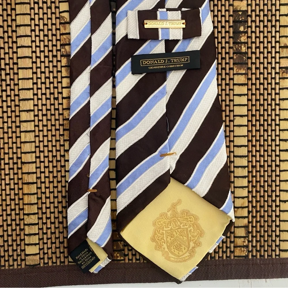 Donald Trump Silk Tie Brown Blue Stripe Classic Mens Neck Tie Hand Made